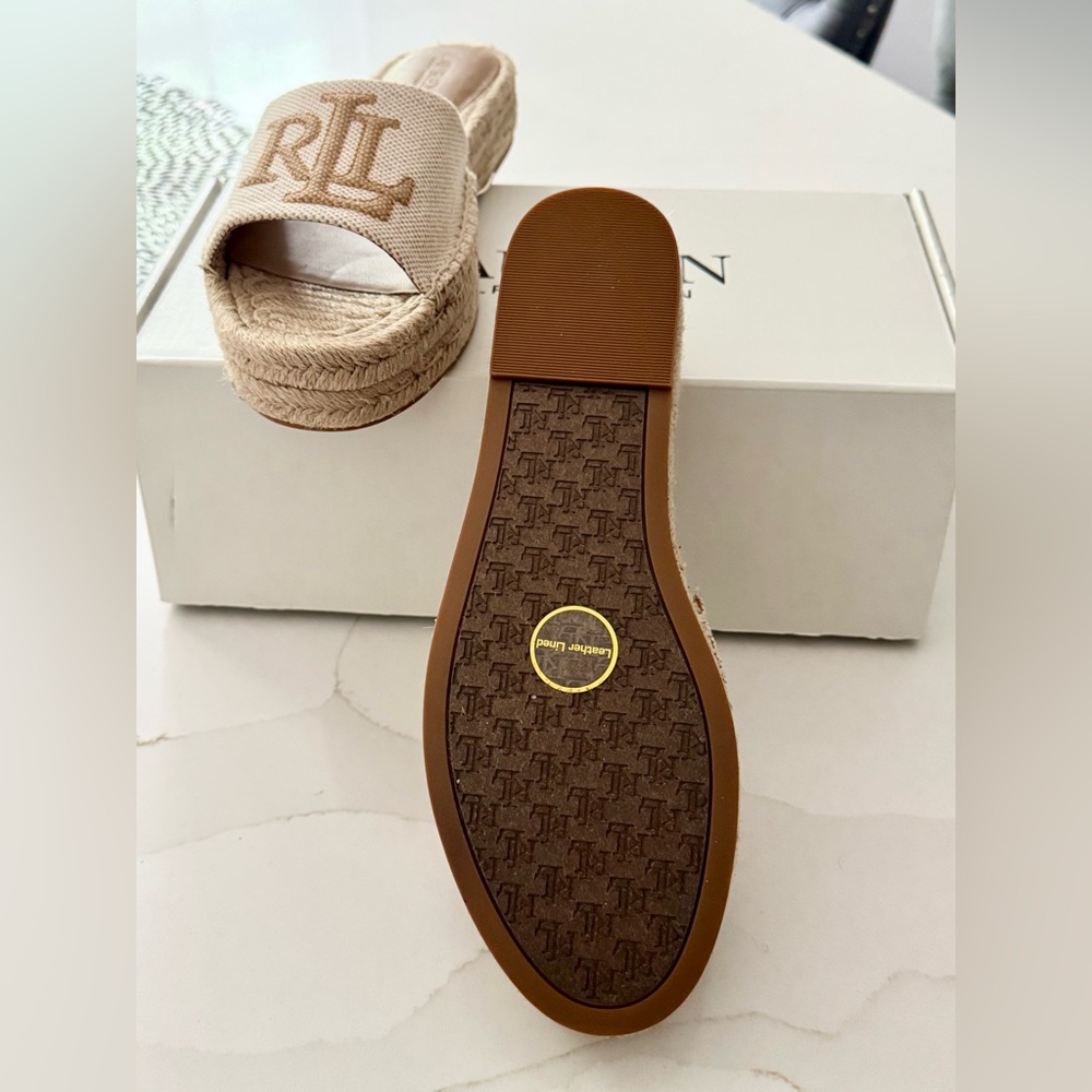 Ralph Lauren Tan RL Logo Espadrille Platform Slides - Picture 3 of 5
